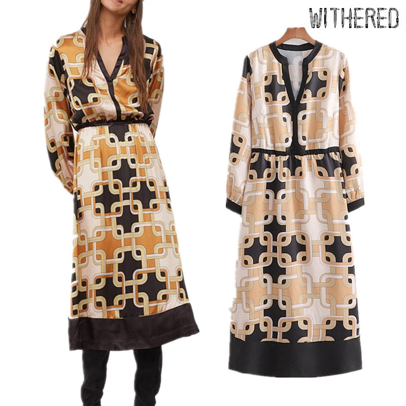 Withered engand vintage court chain printing party dress women loose vestidos de fiesta de noche vestido maxi dress women blazer