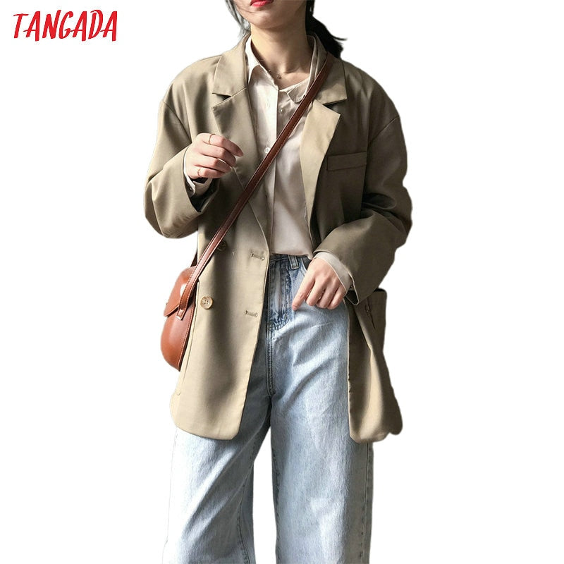 Tangada women vintage solid oversized blazer female long sleeve elegant jacket ladies work wear blazer formal suits ASF04