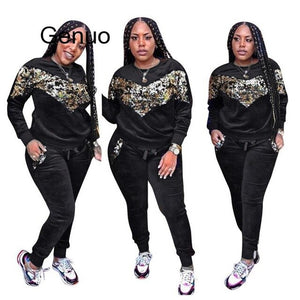 Thick Velvet Sequin 2 Piece Set Women Tracksuit Hoodie Tops And Pant Casual Outfits Suits Autumn Winter Velour Sweatsuit