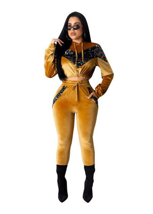 Thick Velvet Sequin 2 Piece Set Women Tracksuit Hoodie Tops And Pant Casual Outfits Suits Autumn Winter Velour Sweatsuit