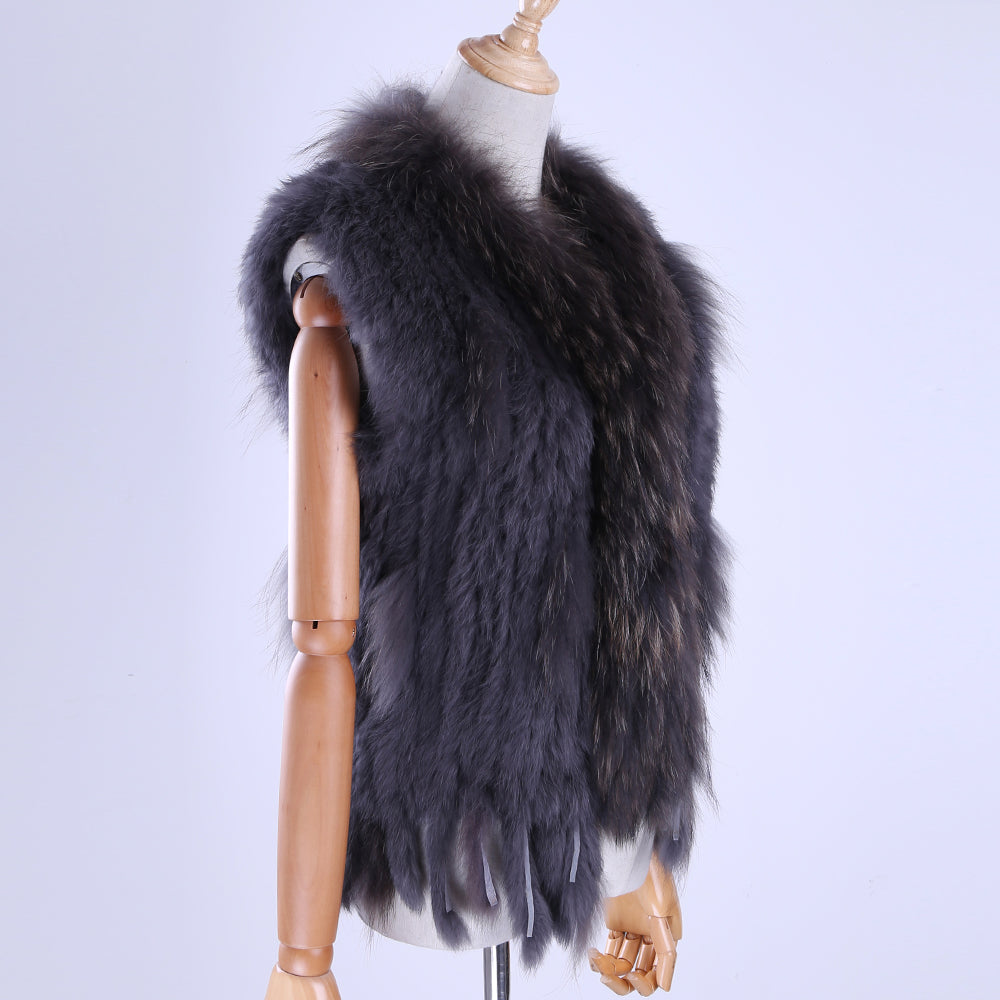 Brand New Women's Lady Genuine Real Knitted Rabbit Fur Vests tassels Raccoon Fur Trimming Collar Waistcoat Fur Sleeveless Gilet