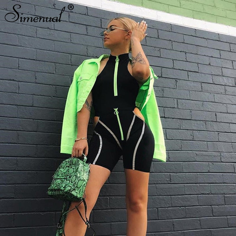 Simenual Casual Sporty Women Two Piece Sets Reflective Striped Zipper Outfits Bodysuit And Cut Out Shorts Set Streetwear Fashion